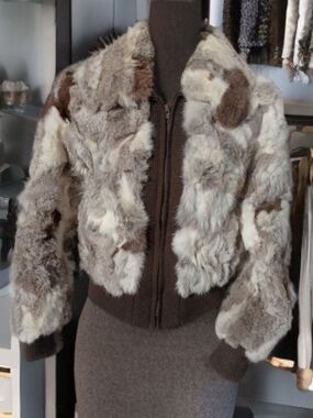 Rabbit Fur Bomber Jacket in Brown and Cream